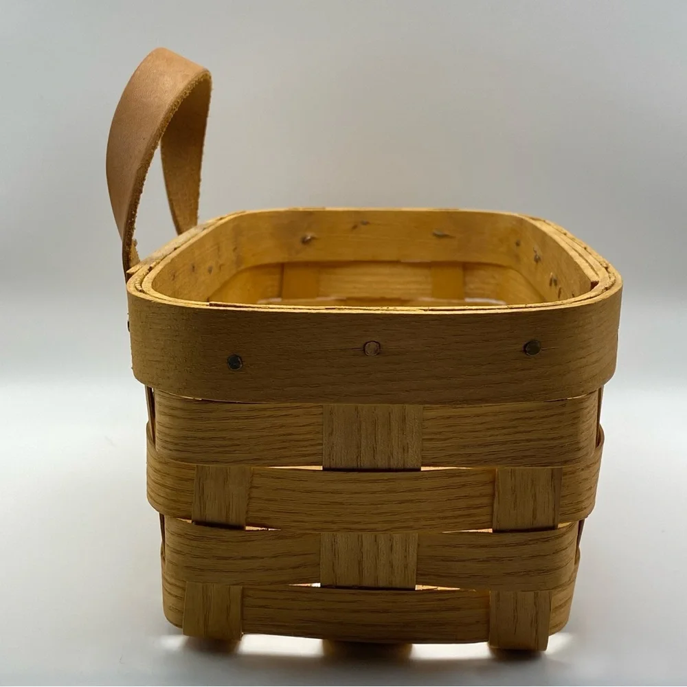 Peterboro Basket Co White Ash Woven Basket w/ Leather Handle 9.25” x 5.75” x 4”